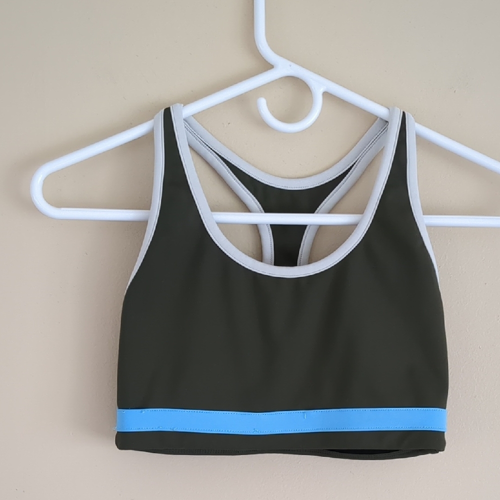 Splits59 Olive Green Sports Bra with Light Blue Trim